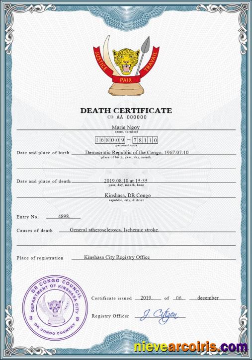 Congo (Democratic Republic of the Congo) vital record death certificate